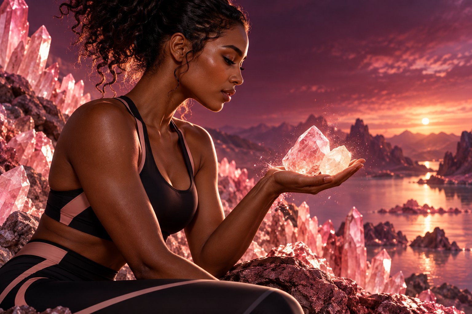 Woman studying luminous mineral crystals in a rose landscape