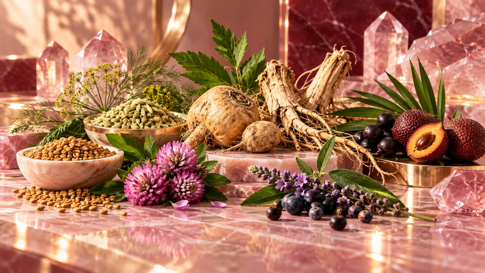Fenugreek seeds, roots, berries and flowers from the Glutolab blend on blush marble