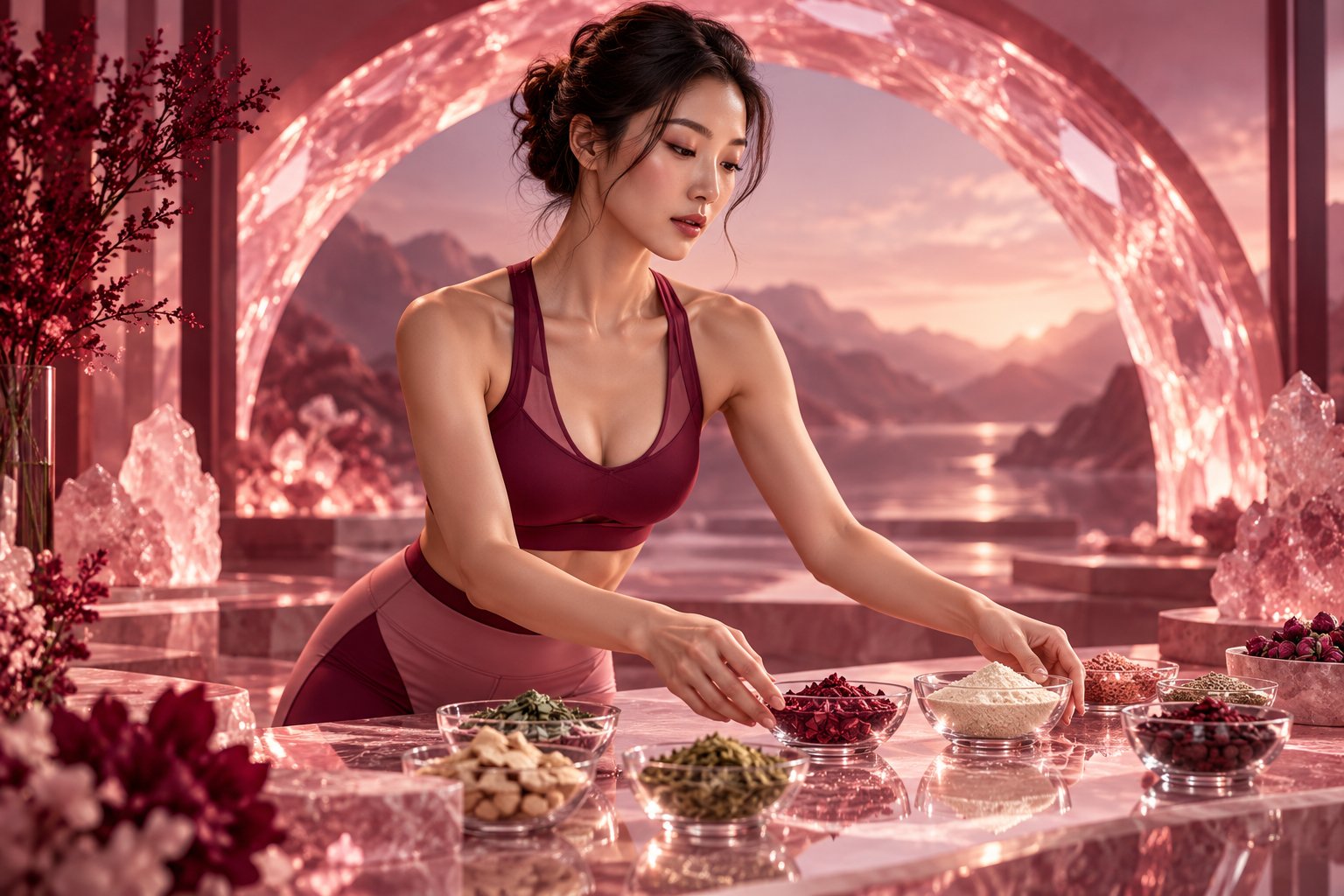 Woman reviewing botanical ingredients on a rose crystal table