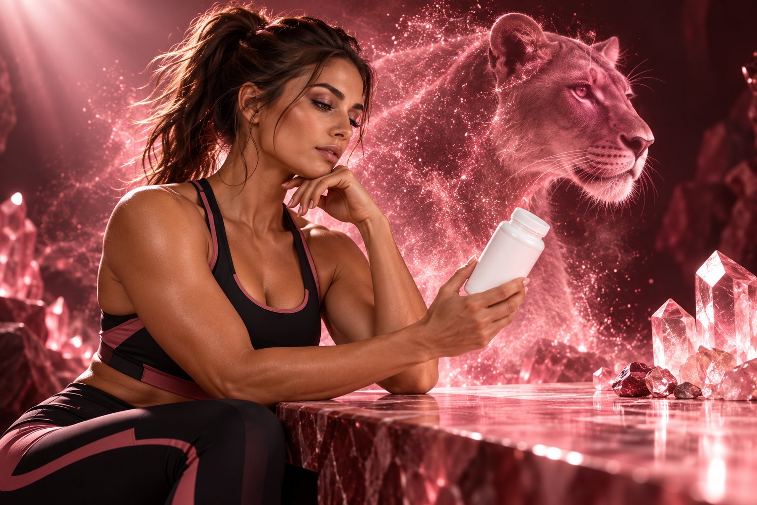 Woman reviewing a supplement label with a lioness motif in rose crystal light