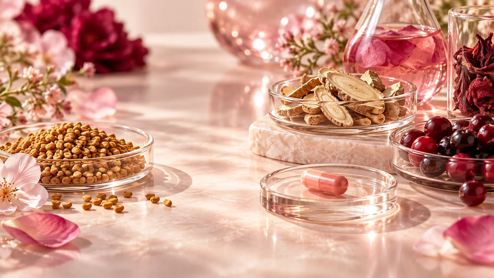Glutolab botanical ingredients arranged around a coral capsule