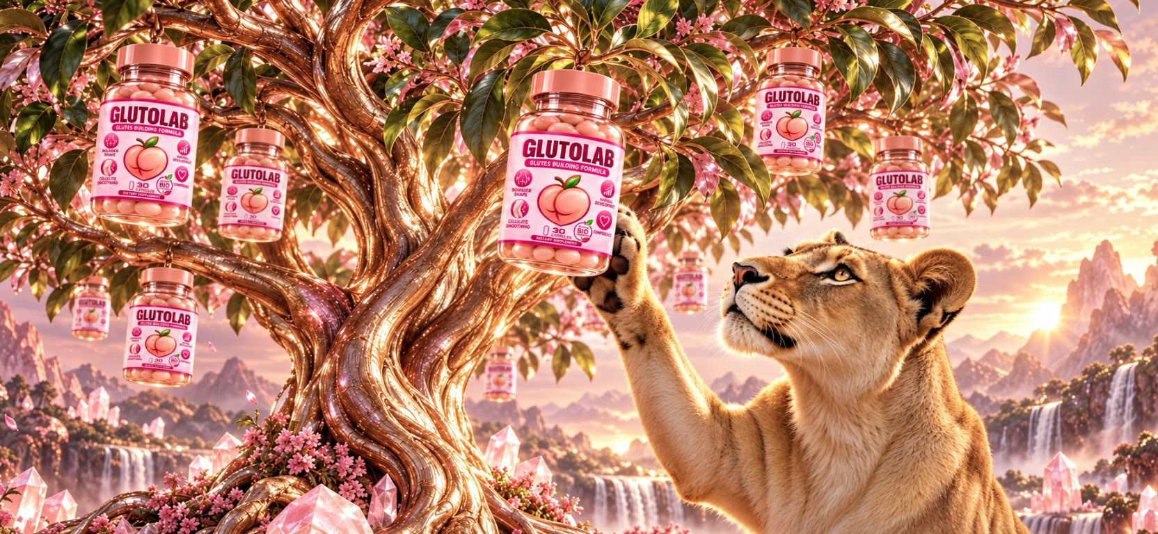 Lioness reaching for a Glutolab bottle growing on a leafy tree among rose crystals